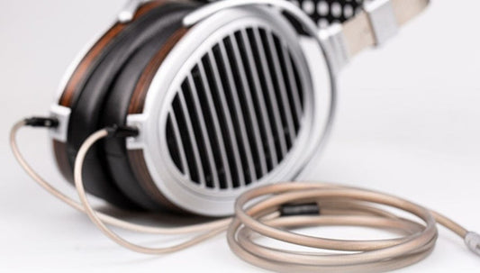 Pair of HE1000se headphones with stock cable on a light background